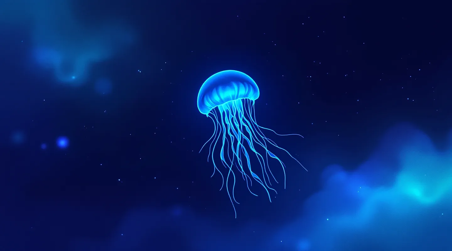 Stylized bioluminescent deep-sea jellyfish with a cyan-glowing bell margin and green tentacle strands floating in a midnight bathyal water column